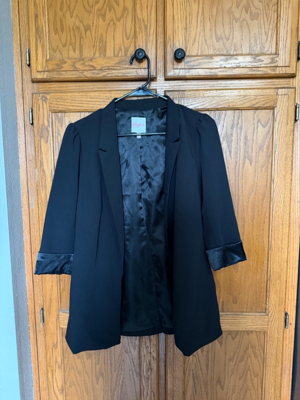 Candie's Black Three-Quarter Sleeve Blazer with Satin Cuffs